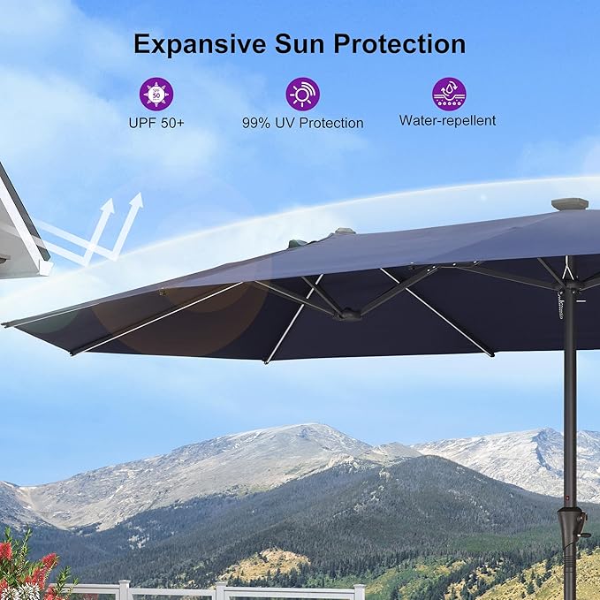 PURPLE LEAF 13ft Double-Sided Patio Umbrella with Solar Lights Outdoor Market Umbrella with Base and Crank Handle Table Umbrella for Backyard Pool Garden Deck, Navy blue