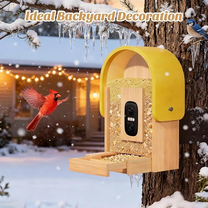 Smart Bird Feeder with Camera Solar Powered, Upgraded 2.7L Smart Camera Bird Feeder Al Identify for 16000 Plus Species,Auto Capture & Real-time Notifications,Ideal Gift for BirdLovers (Round Roof)