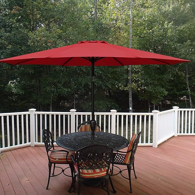 Simple Deluxe LGBRLA9REDBASERV1 9ft Market Table Patio Umbrella with Button Tilt, 8 Sturdy Ribs, 20" Round Water Filled Base Stand Included for Outdoor, Lawn, Garden, Backyard, Pool, Red