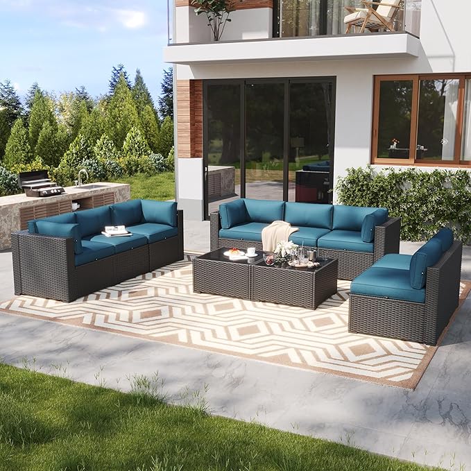 LazySunsets 10 Piece Outdoor Patio Furniture Set with Coffee Table, Outdoor Patio Furniture Sets with Waterproof Cover, Wicker Rattan Outdoor Conversation Set for Backyard & Garden, Peacock Blue