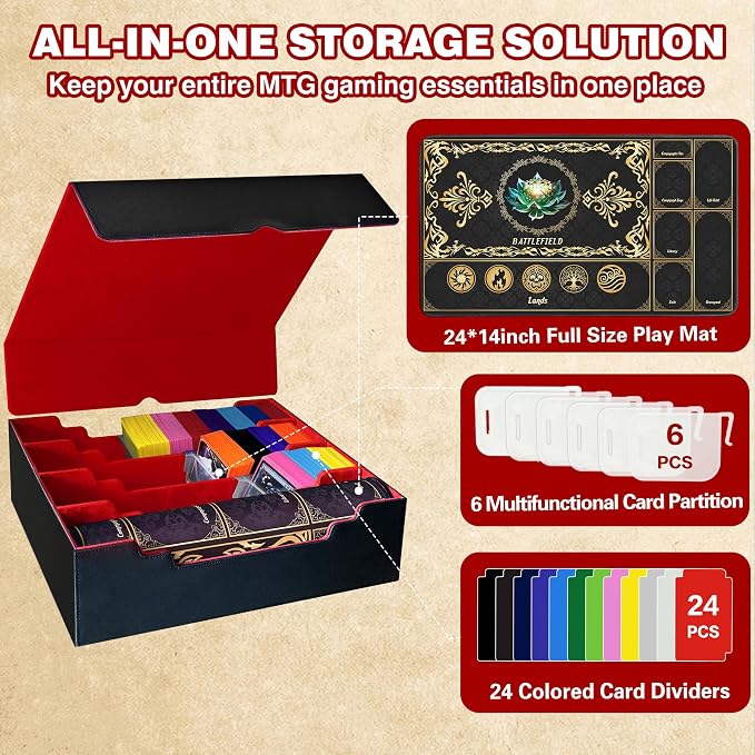 PROMAXIBINDER Trading Card Storage Box Fits 4000+ Cards, 4-Row MTG Commander Deck Case with Playmat, 6 Movable Partitions 24 Dividers PU Leather Magnetic Closure, Magic/TCG/YuGiOh/Sport (Black&Red)