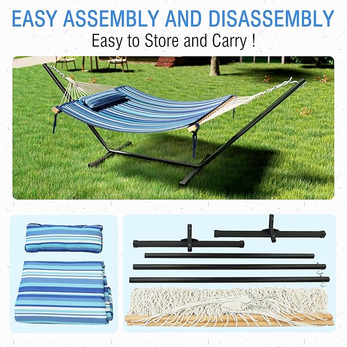 MUPATER 12FT Double Hammock with Stand Included, 2 Person, Outdoor Quilted Hammock with Stand, Rope with Pad and Pillow, para adultos, Striped Blue
