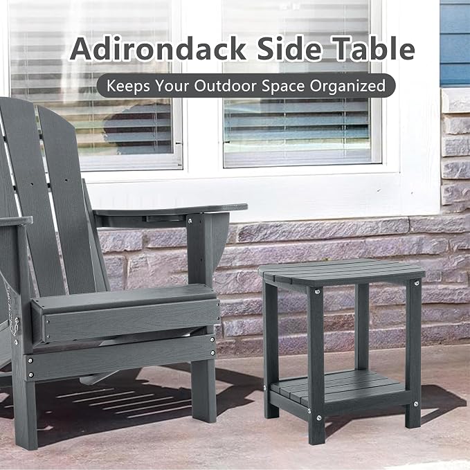 Adirondack Small Outdoor Side Table - Weatherproof HDPE Patio End Table with 2-Tier Storage for Firepit, Balcony, Garden, Poolside or Bathroom (Grey, Set of 1)