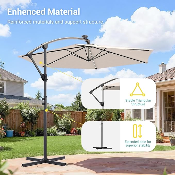 10ft Offset Patio Umbrella with Solar Light Strips,Outdoor Cantilever Hanging Umbrella with Cross Base, Fade Resistant Recycled Fabric, for Pool, Deck, Garden,Backyard,Beige