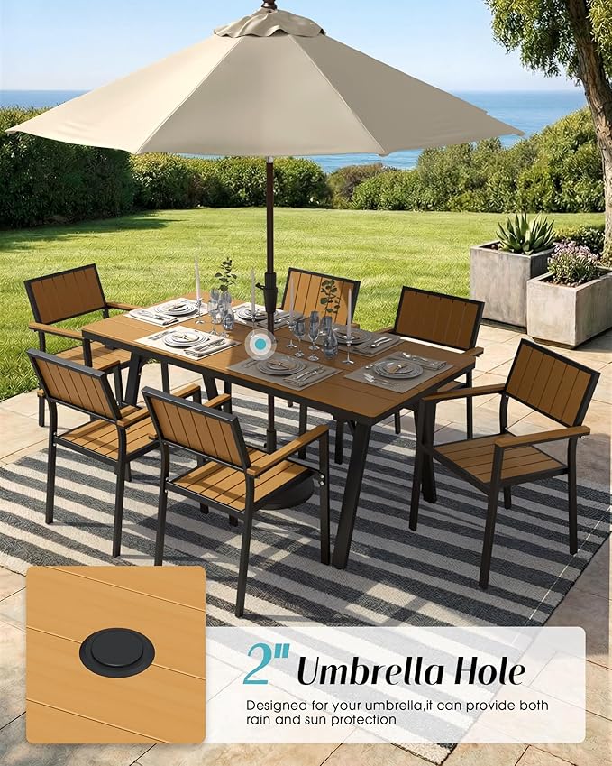 Ciokea Aluminum Outdoor Dining Sets for 6, Patio Table and Stackable Chairs Set with Umbrella Hole, All-Weather HDPS Durable Furniture for Backyard, Poolside, Lawn & Garden | 7-Piece, Teak