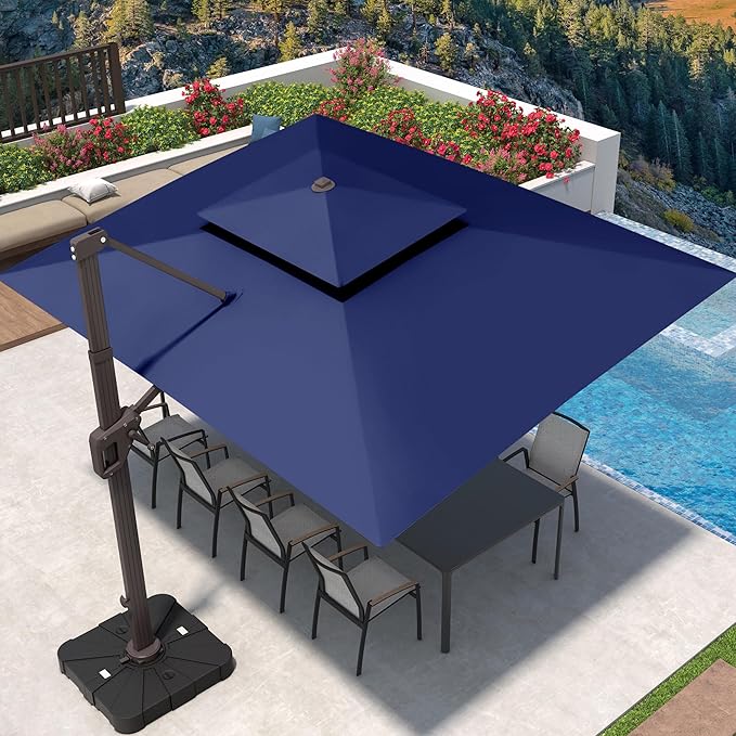 9' X 12' Patio Umbrella with Weighted Base and LED Lights Outdoor Cantilever Large Rectangle Offset Umbrellas Heavy Duty Aluminum Double Top with 360-degree Rotation for Pool Garden Deck, Navy