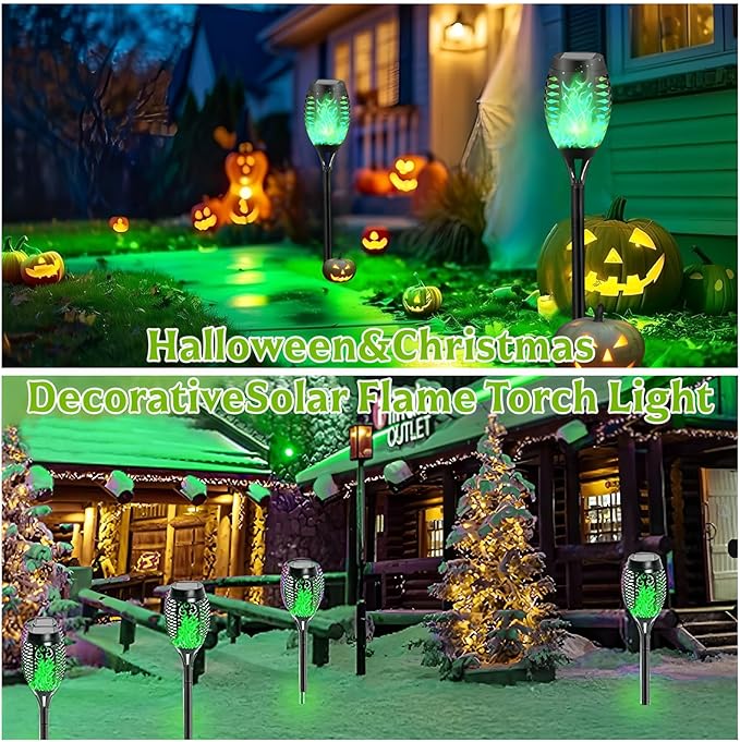 Solar Torch Light with Flickering Flame,4Pack Solar Lights Outdoor,Waterproof Solar Powered Yard Garden Lights,Solar Flame Light,Torches Lighting for Outside Patio Lawn Path Decorations (Green)