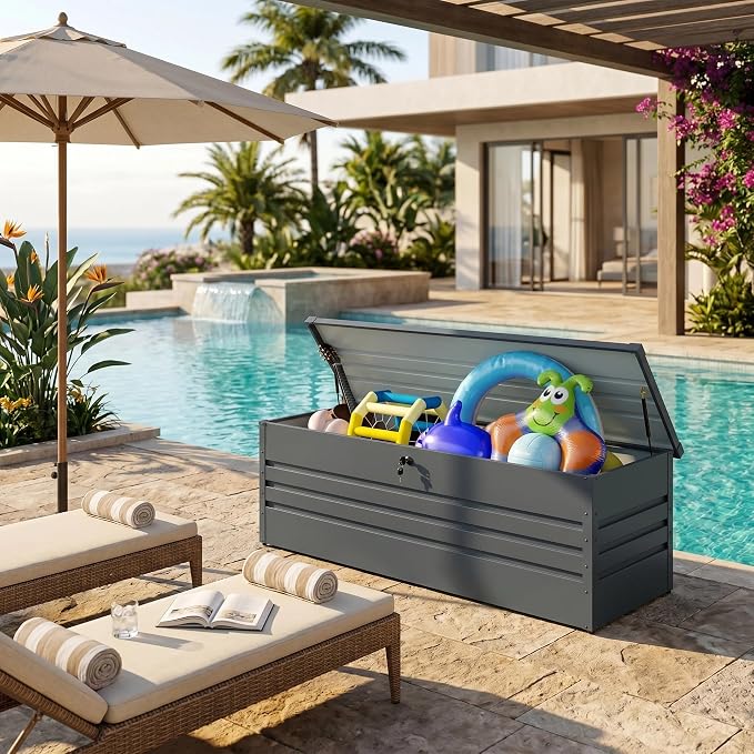 Carbon Black 260Gal Outdoor Storage Container, Metal Deck Box, Multi-Purpose Patio Bench for Pool Supplies, Garden Tools, Cushions