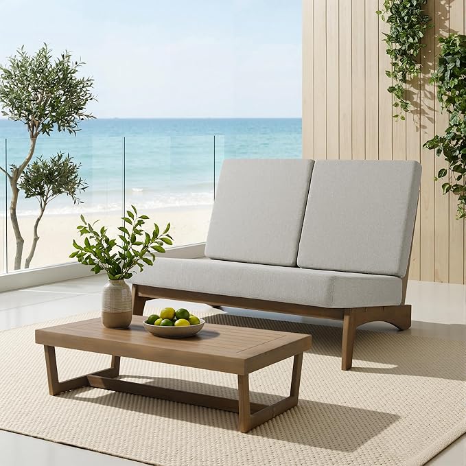 UIXE All Weather Patio Furniture Sets, 4 Pieces Teak Wood Outdoor Sectional Futniture Patio Sofa Chair Backyard Conversation Set with Solid Wooden Coffee Table - Light Camel
