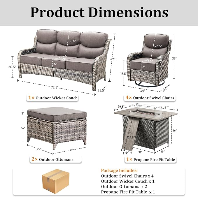 Luxury Patio Furniture Set with 42.5" Fire Pit Table, 8 Pieces High Back All Weather Wicker Outdoor Furniture w/ 6-Inch Thick Cushions, Patio Swivel Chairs Couch for Deck Balcony Backyard Grey