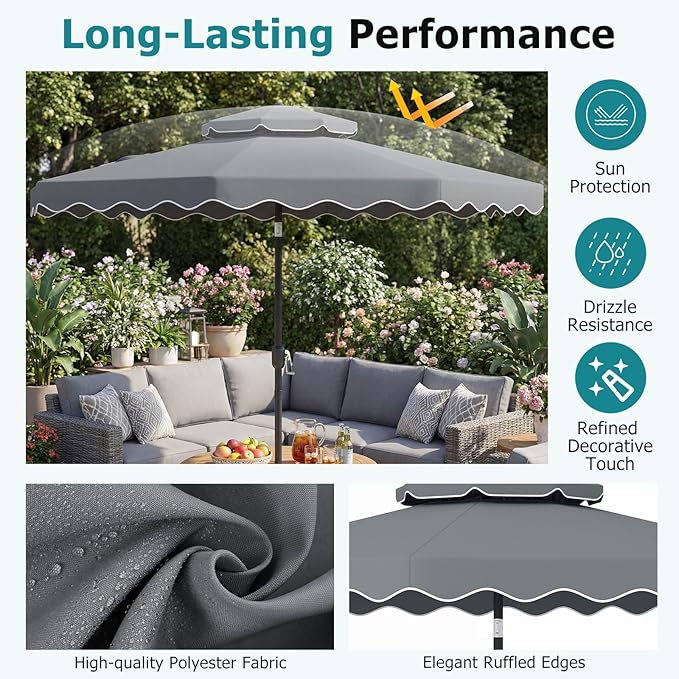 Happygrill 9 FT Patio Umbrella, Scalloped Outdoor Table Market Umbrella with Push Button Tilt & Crank, 2-Tier Vented Top, Heavy-Duty 8 Metal Ribs, Sun-Protective Canopy, Ruffle for Deck Pool Garden (Gray)