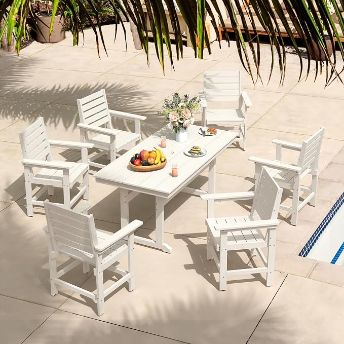 Rectangle Outdoor Dining Tables for 6, HDPS Weather Resistant Patio Dining Table, 66" Outdoor Tables with 1.96" Umbrella Hole for Porch, Balcony, Backyard, White