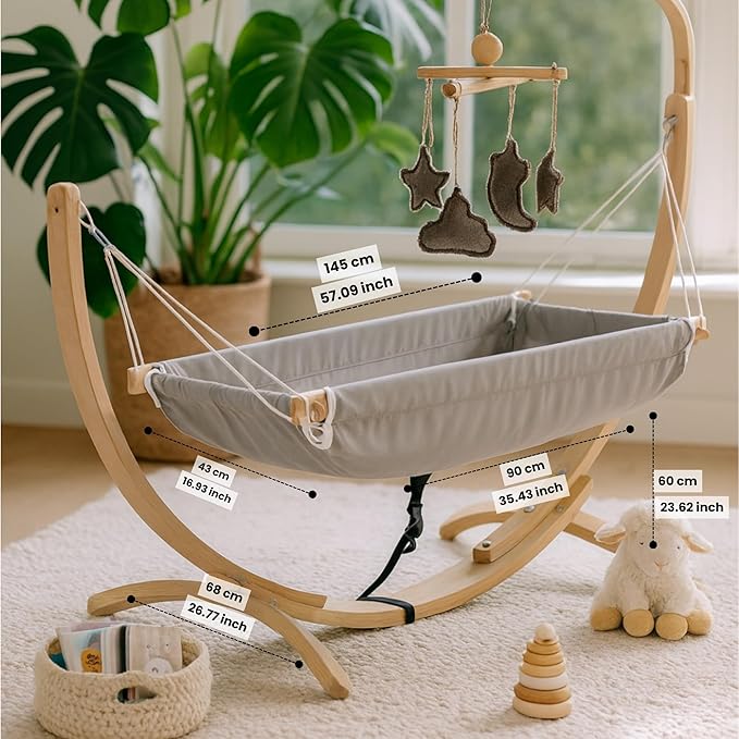 Kids Hammock Bed for Children Ages 3 to 5 Years, 15 to 36 kg Capacity, Comfortable Fabric with Wooden Frame, Portable and Easy to Assemble for Indoor and Outdoor Use (Grey-2)