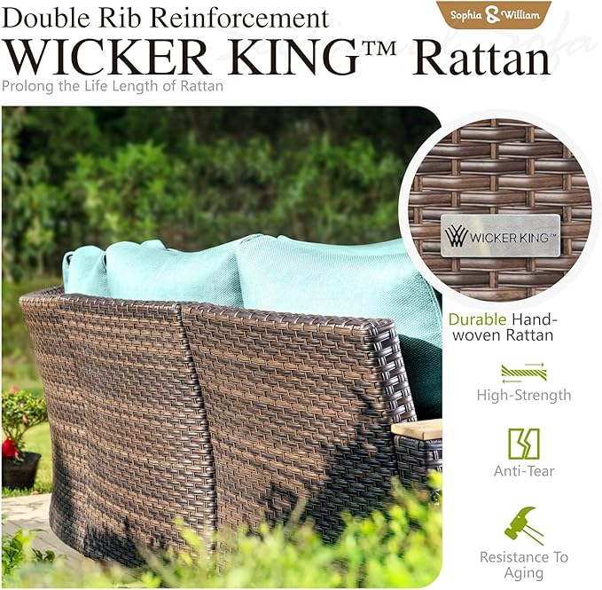 Sophia & William Patio Furniture Set with Fire Pit Table, 9 Piece Outdoor Wicker Furniture Sectional Sofa, Large Patio Rattan Conversation Set with Ottoman & 56" Fire Pit Table(Aqua Blue)