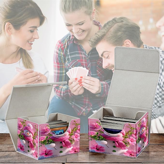 Card Deck Box for MTG, Cards Storage Box Fits 120+ Sleeved, Leather Small Size Strong Magnetic Closing Card Case for Board Games Magic TCG CCG Baseball Collection, Pink Flower Snowman