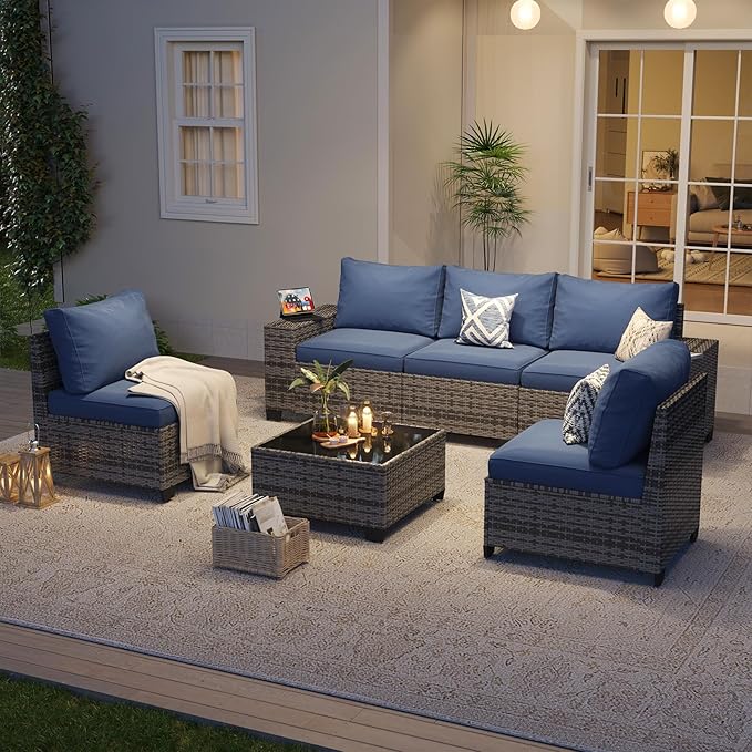 Aoxun 6-Piece Sectional Sofa with 4" Thicken Cushion, Widen Armrests Wicker for Backyard with Waterproof Cover