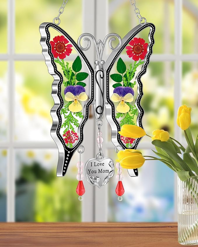 KY&BOSAM Butterfly Suncatcher I Love You Mom Gifts Window Hanging Decor | Wind Chimes,Metal,Pressed Flower ,Glass and Charm,Gifts for Mom Mother's Day Valentine's Birthday Thanksgiving Christmas