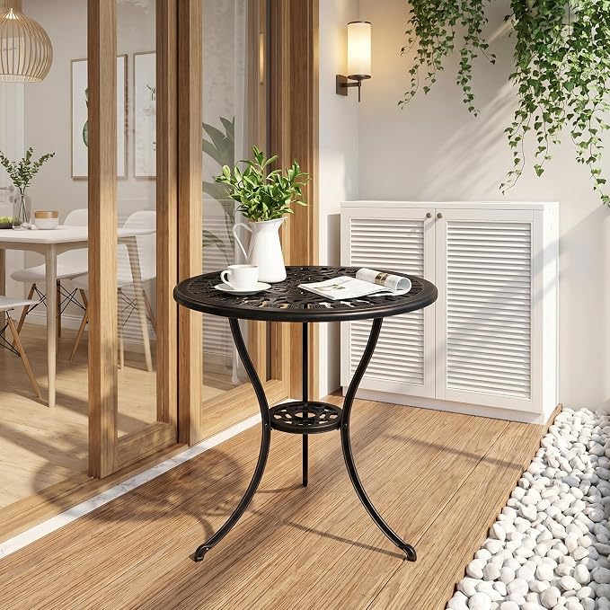 23" Round Cast Aluminum Patio Bistro Table, Outdoor Coffee Bistro Side Table with Umbrella Hole, Antique Design Dining Desk for Backyard, Garden, Porch, Pool, Balcony, Bronze