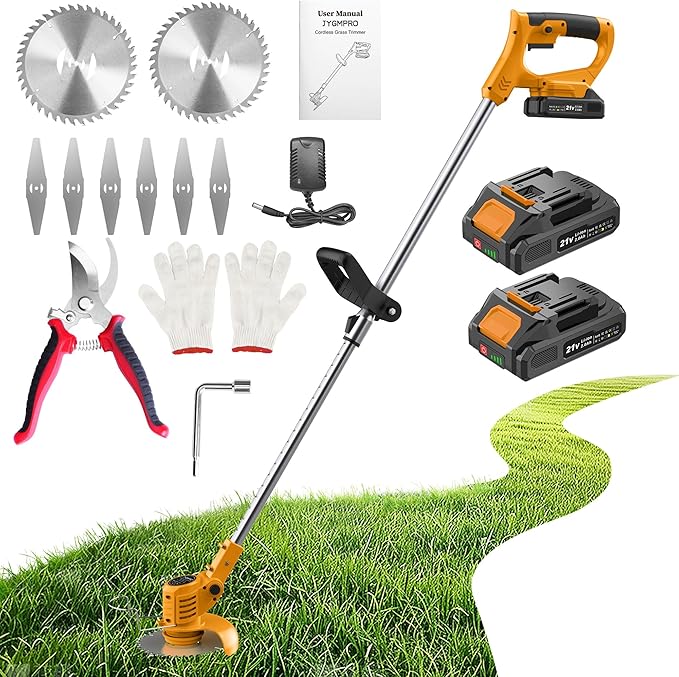 String Trimmer Cordless - 21V Battery Powered Weed Wacker, 2 X 2.0Ah Battery and a Charger, Grass Trimmer, Brush Cutter and Edger Lawn for Garden/Yard