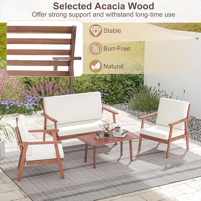 Tangkula 4 Piece Outdoor Conversation Set, Acacia Wood Sofa Set with Soft Seat & Back Cushions, Rectangle Coffee Table Patio Wood Furniture Set for Backyard, Poolside, Garden (1, Off White)