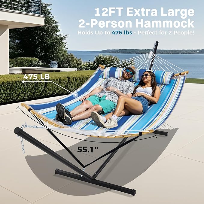 SUPERJARE Curved-Bar Hammock with Stand, 2 Person Heavy Duty Hammock Frame, Detachable Pillow & Portable Carrying Bag, Perfect for Outdoor & Indoor, Holiday Voyage Stripe