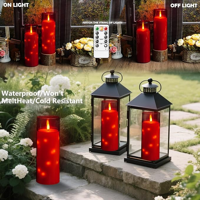 kakoya 11" x 4" Large Outdoor Waterproof Flameless LED Candles with Remote and Timer,Acrylic Pillar Candles Battery Operated with Embedded Star String for Porch,Patio,Outdoor Decor,Set of 2(Red)