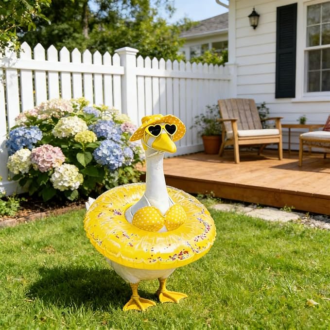 Bikini Porch Goose Outfits,Porch Goose Summer Outfits Swimsuit with Hat Sunglasses & Swim Ring,Fit 23'' Lawn Goose Statue for Summer Outdoor Garden Lawn Yard Decor(Swimsuit-Yellow)