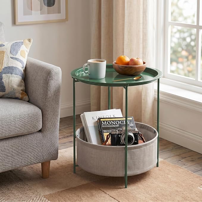 VECELO Round Side/End Table with Fabric Storage Basket，Metal Anti-Rust and Waterproof Small Bedside Nightstand with Removable Tray Top for Living Room，Balcony & Laundry，Dark Green /1pcs with Basket