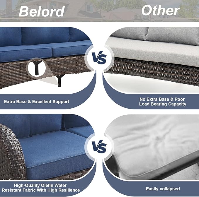 Belord Outdoor Patio Furniture - Wicker Sofa with Removable Cushion, 3 Seater Rattan Couch with Deep Seat, High Backrest, All-Weather for Balcony, Deck, Backyard, Brown/Blue