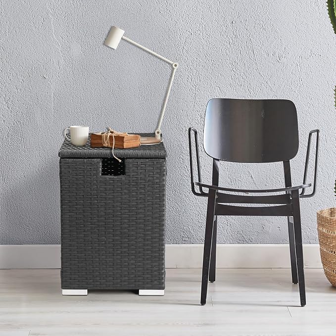 22.4in Outdoor Rattan Side Tables,Iron Frame Gas Bottle Storage Bin,Waterproof Patio Coffee Side Tables,All-Weather PE Wicker End Table,with Lid,for Garden Porch Poolside Deck Backyard (Black)