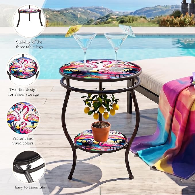 Outdoor Side Table Round with Storage 2-Tier Patio Small Outdoor Table Weather Resistant for Outside Balcony Porch Garden
