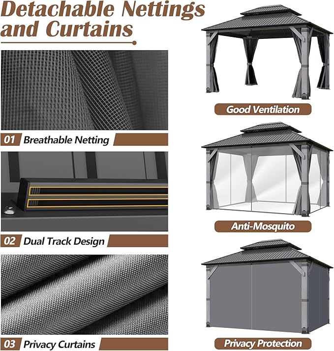 10'x12' Wood Gazebo, Outdoor Hardtop Gazebo with Wood Posts and Galvanized Steel Doule Roof, Wooden Frame Gazebos with Netting and Curtains for Patio, Backyard, Deck
