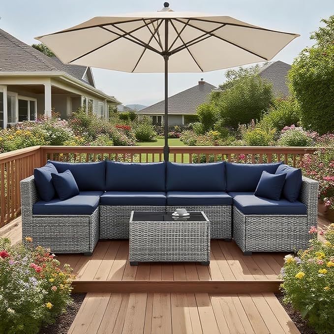 7-Piece Modular Outdoor Sectional Wicker Patio Conversation Set with Glass-Top Coffee Table, All-Weather Rattan and Cushion Fabric – Gray/Navy