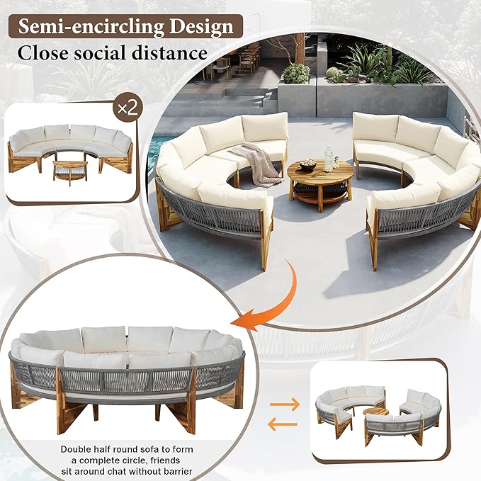 3-Piece Outdoor Patio Furniture Sectional Sofa Set, 2 Semi-Circle Sofas with Coffee Table, All-Weather Acacia Wood Conversation Set with Cushions for Garden Backyard Balcony, Freely Combined