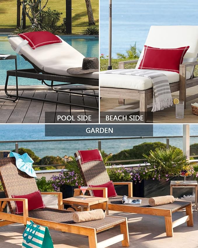 T&H XHome Outdoor Pillow for Chaise Lounge Chair, Solid Color Red Waterproof Headrest Pillow Lumbar Pillows with Insert & Adjustable Elastic Strap for Beach, Poolside, Patio, Office (2 Pack)
