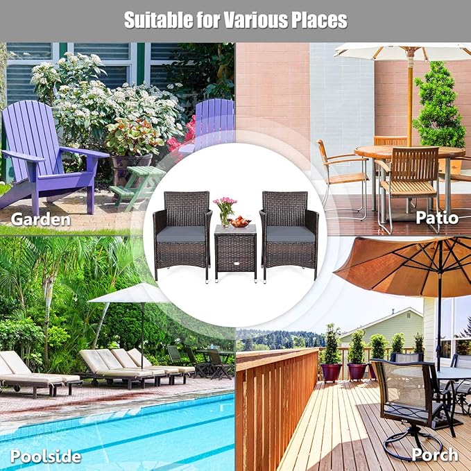 DORTALA 3 Piece PE Rattan Patio Furniture Set, Outdoor Chairs & Table Set with Tempered Glass Top & Cushions, Wicker Conversation Set for Garden Backyard, Grey