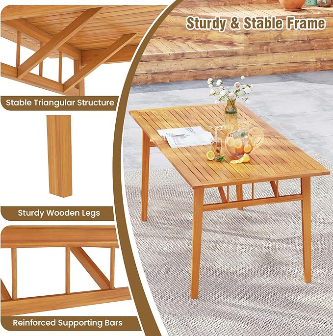 HAPPYGRILL Acacia Wood Outdoor Dining Table with Umbrella Hole & Cover, for 4-6 People, 63” Large Farmhouse Dinette Furniture for Backyard Patio Deck Porch