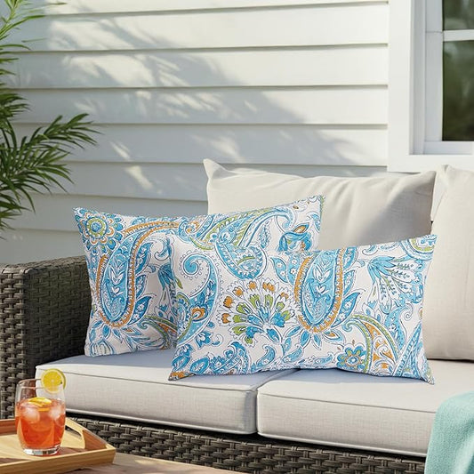 BUPPLEE Outdoor Lumbar Pillows Waterproof 12×20 Inch with Insert, Decorative Toss Pillows Set of 2, Rain-Proof, Fade Resistant for Patio Furniture, Sofa, Couch, Garden