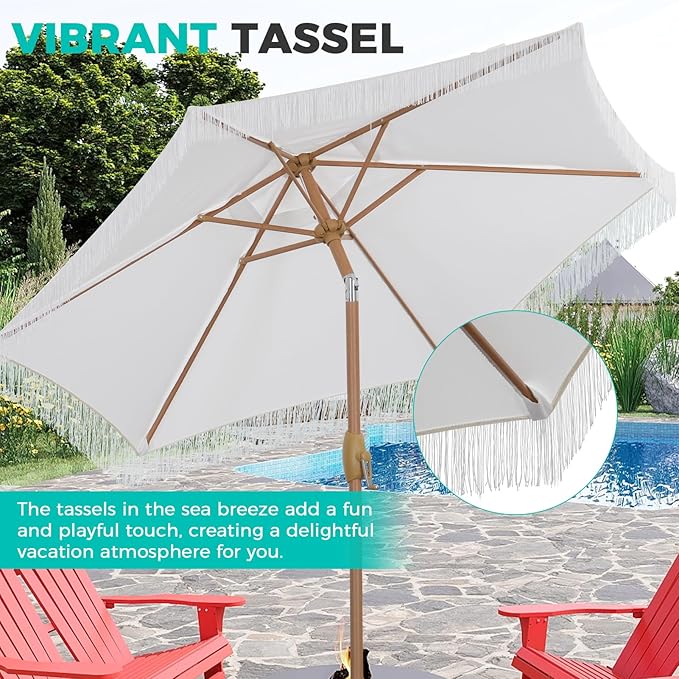 7.5ft Fringe Umbrella,Outdoor Market Umbrella with Push Button Tilt and Crack for Garden, Pool, Deck, Bistro,White