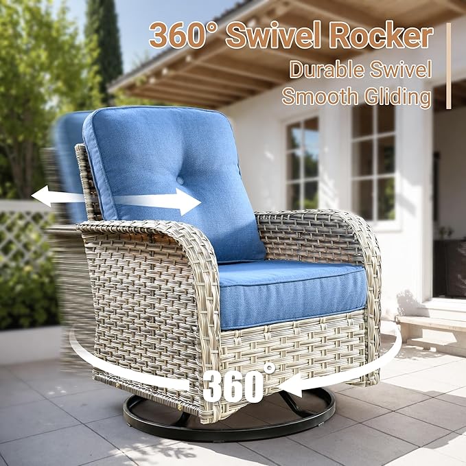 HOOOWOOO Patio Furniture Set,5 Pieces Wicker Outdoor Furniture,High Back Conversation Set with All Weather Resistant Swivel Chairs with Ottoman Side Table,Diamond Blue