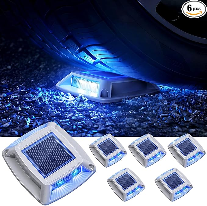 Solar Driveway Lights Outdoor 6 Pack, IP68 Waterproof Solar Powered Driveway Marker Deck Dock Lights for Steps Pathway Walkway Sidewalk Garden Yard Stair Marine (Blue)