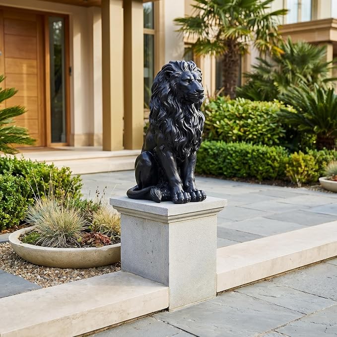 20.5" Black Lion Statue, Resin Outdoor Guardian Sculpture | Weather-Resistant Finish, Simulated Animal Decor, For Villa Garden Park Resort, Home Courtyard