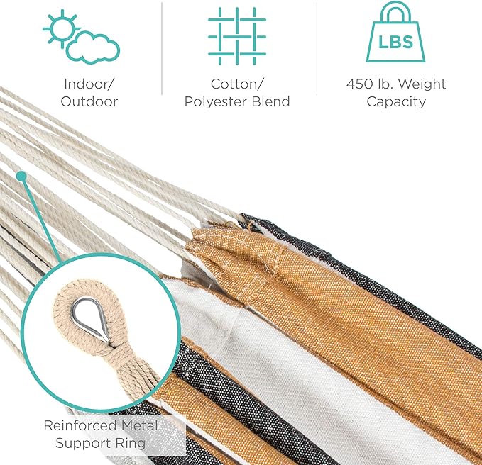Best Choice Products Double Hammock with Steel Stand, Indoor Outdoor Brazilian-Style Cotton Bed w/Carrying Bag, 2-Person Capacity - Desert Stripes