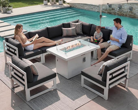 BULEXYARD 9 Piece Modern Aluminum Patio Furniture Set with Fire Pit Table, 500 lbs Heavy Duty Outdoor Sectional Sofa, 29" Deep Wide Oversize Seating Conversation Couch for Garden Exterior, Dark Gray