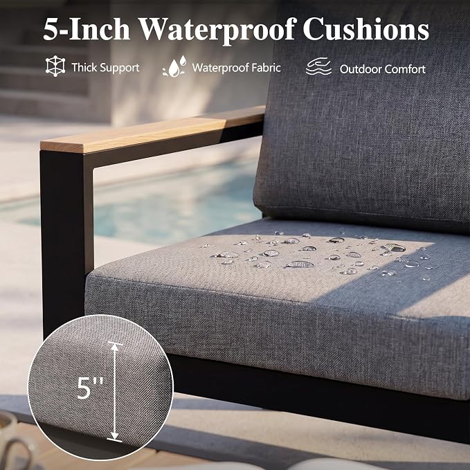 Outdoor Patio Furniture Set, 4-Piece Aluminum Conversation Set with Loveseat, 2 Chairs and Coffee Table, 5-Inch Water-Resistant Cushions for Backyard, Porch, Poolside,Gray