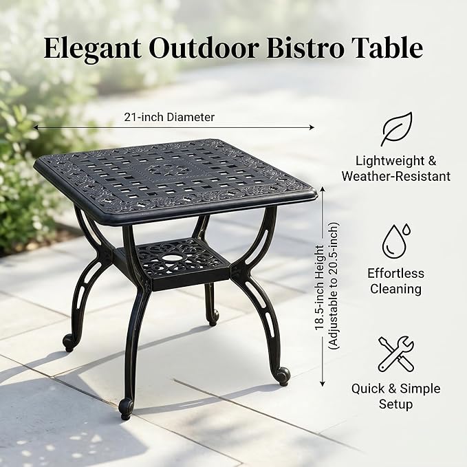 Square Outdoor Coffee Table, Cast Aluminum Side Table with Storage,Indoor End Table, All-Weather Bistro Table for Patio Garden Lawn,Black