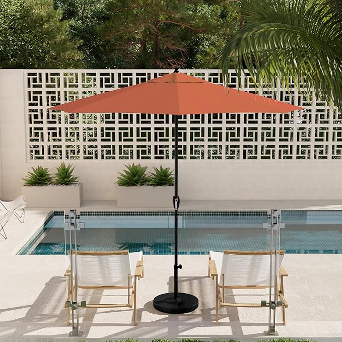 California Umbrella 12-Year Protection 9' Rd Aluminum Patio Umbrella, Crank Lift, Auto Tilt, Black Finish, Sunbrella Melon