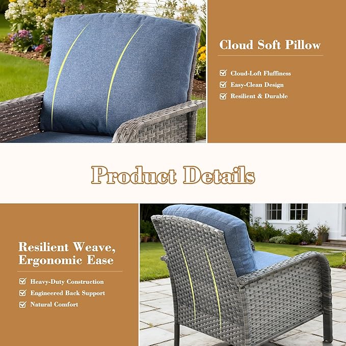 2 Pieces Patio Furniture Set, Two Single Chair Outdoor Furniture, All-Weather Rattan Wicker High Back Conversation Set of 2 for Small Space Porch, Backyard, Balcony, Denim Blue