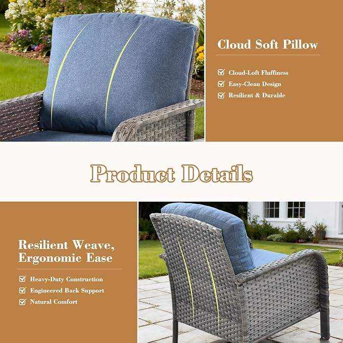 Wicker Patio Chairs Set of 2, Porch Furniture Set Two Single Chair, All-Weather High Back Outdoor Rattan Chairs of 2 for Small Space Porch, Backyard, Balcony, Denim Blue