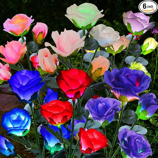 ANGMLN Solar Garden Lights, 6 Pack Solar Flower Lights Outdoor Waterproof with 30 Head Realistic Rose 7-Color Changing Landscape Light for Garden Yard Pathway Patio Grave Cemetery Decoration